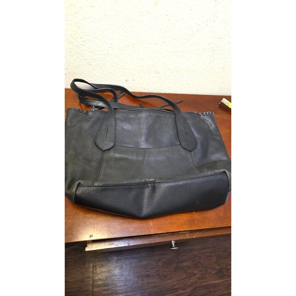 The Sak Black Leather Tote Bag Braided Trim & Tassel Accents Zip Closure Size L - Picture 3 of 11